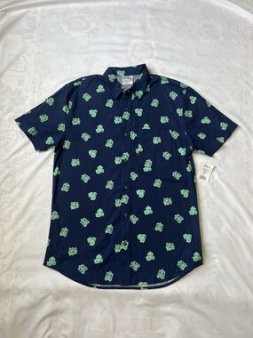 Pokemon Navy Short Sleeve Button-Up with Mint Green Pokemon Print